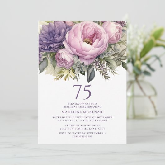 Elegant Paarse roze bloemenkorf 75ste verjaardag Kaart (Staand voorkant)