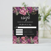 Elegant Paarse roze Floral Greenery Black Wedding RSVP Kaartje (Staand voorkant)