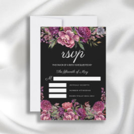 Elegant Paarse roze Floral Greenery Black Wedding RSVP Kaartje