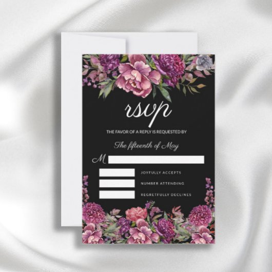Elegant Paarse roze Floral Greenery Black Wedding RSVP Kaartje