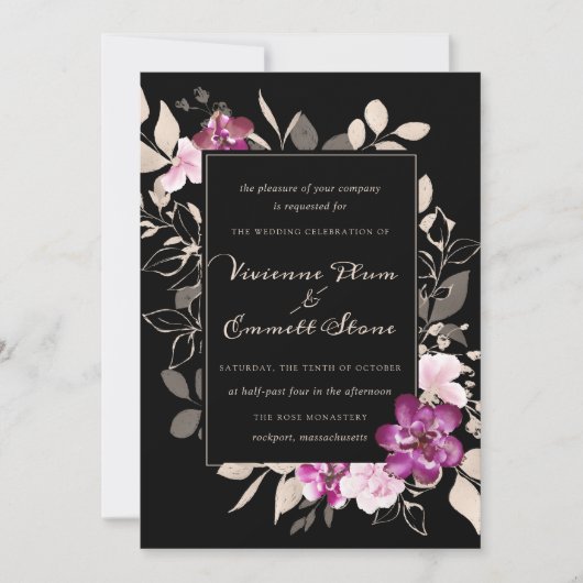 Elegant Paarse roze Floral op Black Wedding Kaart (Voorkant)