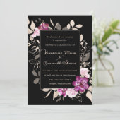 Elegant Paarse roze Floral op Black Wedding Kaart (Staand voorkant)