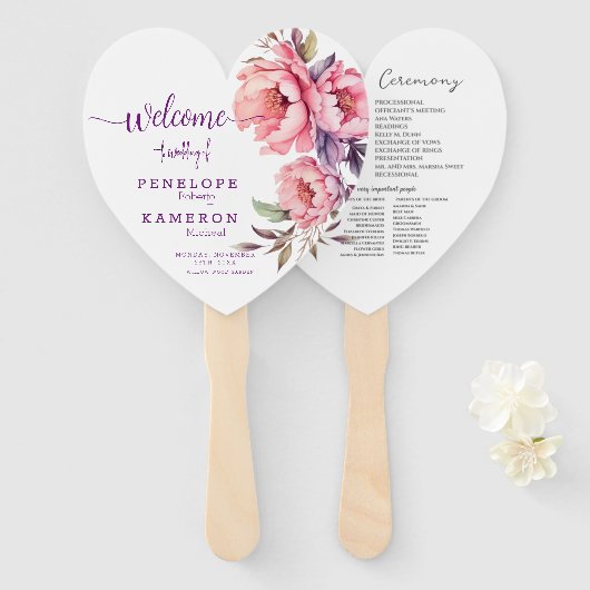 Elegant Paarse Roze Roze Pioen Bruiloft Programma Handwaaier (Voorkant en achterkant)