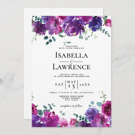 Elegant Paarse roze Waterverf bruiloft Kaart (Voorkant / Achterkant)