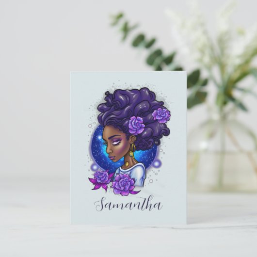 Elegant Paarse Rozen Afro Woman Briefkaart (Staand voorkant)
