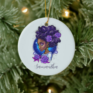 Elegant Paarse Rozen Afro Woman Keramisch Ornament