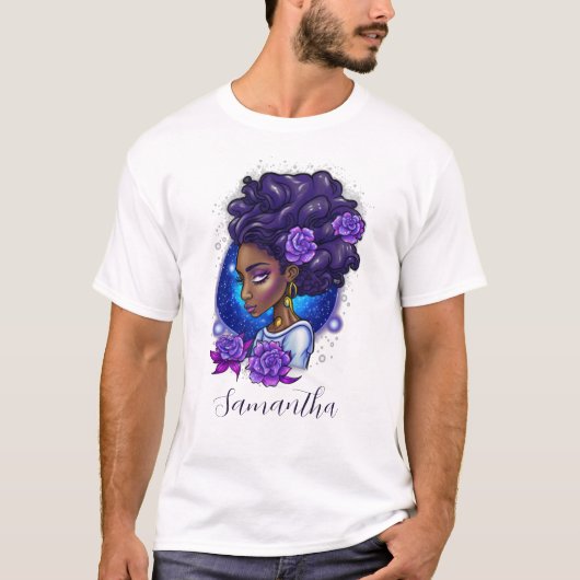 Elegant Paarse Rozen Afro Woman T-shirt (Voorkant)