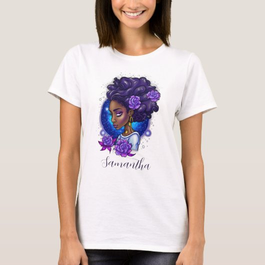 Elegant Paarse Rozen Afro Woman T-shirt (Voorkant)
