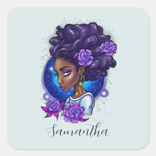 Elegant Paarse Rozen Afro Woman Vierkante Sticker (Voorkant)