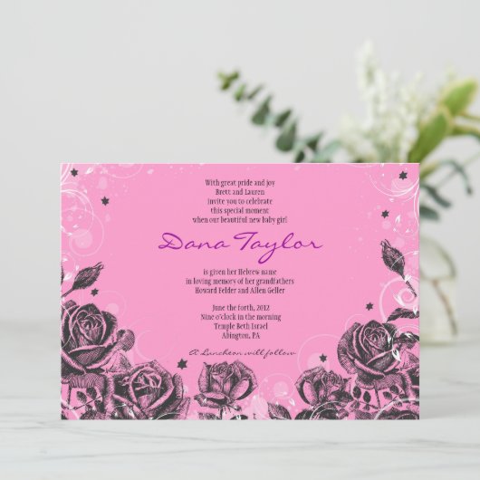 Elegant Paarse Rozen Baby Noemende Uitnodiging Heb (Staand voorkant)