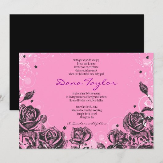 Elegant Paarse Rozen Baby Noemende Uitnodiging Heb (Voorkant / Achterkant)
