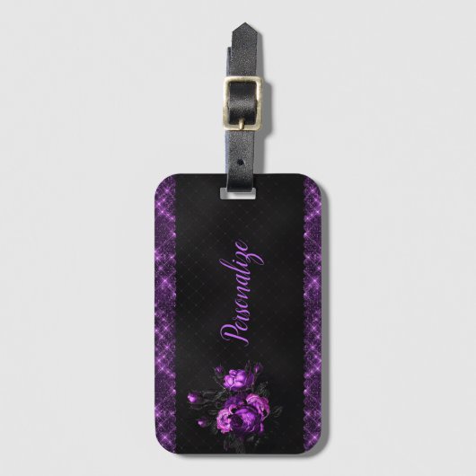 Elegant Paarse Rozen en grens aan zwart personalis Bagagelabel (Voorkant (verticaal))