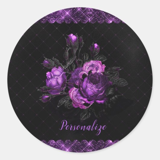 Elegant Paarse Rozen en grens aan zwart personalis Ronde Sticker (Voorkant)