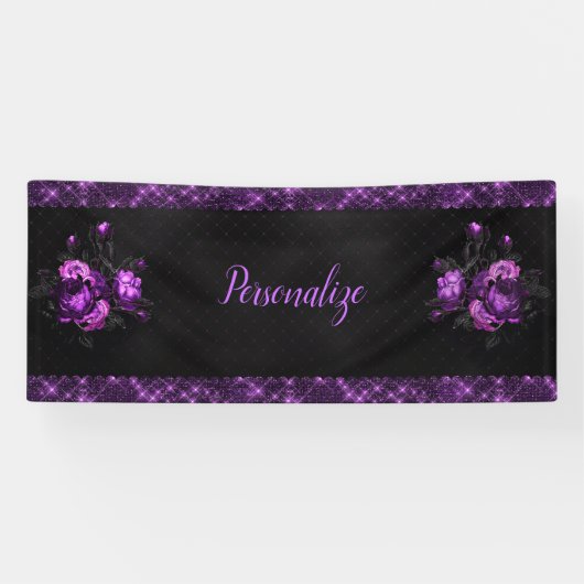 Elegant Paarse Rozen en grens aan zwart personalis Spandoek (Horizontaal)