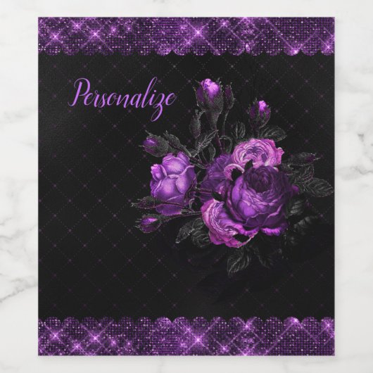 Elegant Paarse Rozen en grens aan zwart personalis Wijn Etiket (Enkel label)