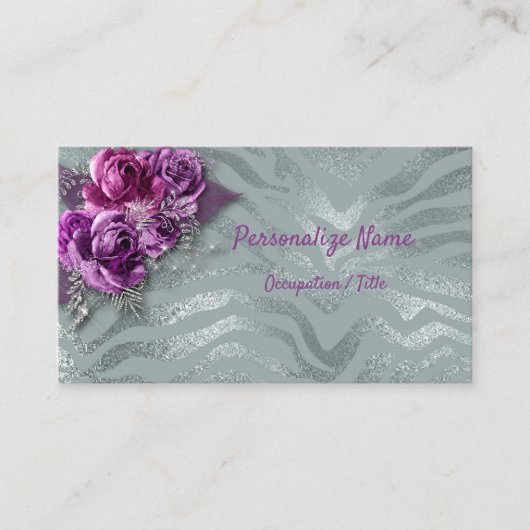 Elegant Paarse Rozen op het zilveren glitterpatroo Visitekaartje (Voorkant)