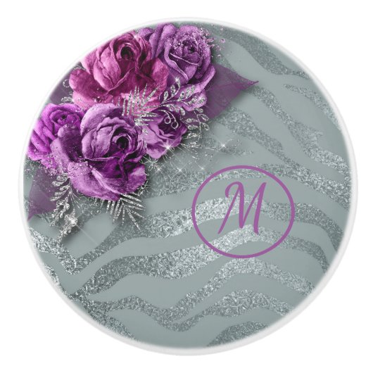 Elegant Paarse Rozen op Silver Background Monogram Keramische Knop (Voorkant)