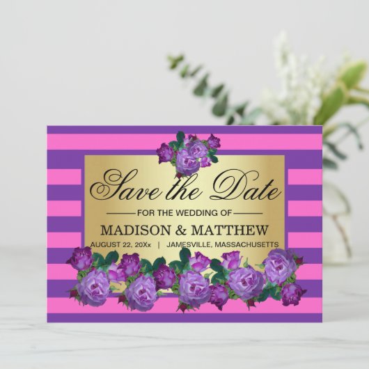 Elegant Paarse Rozen & Stripes Sla de Kaart Datum (Staand voorkant)