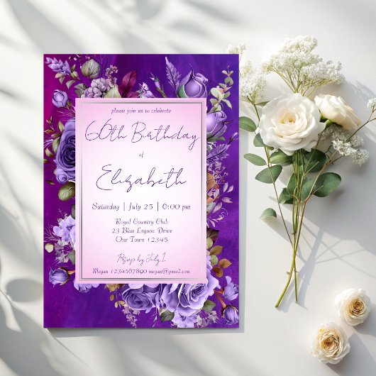 Elegant paarse rozen verjaardagsfeestje kaart