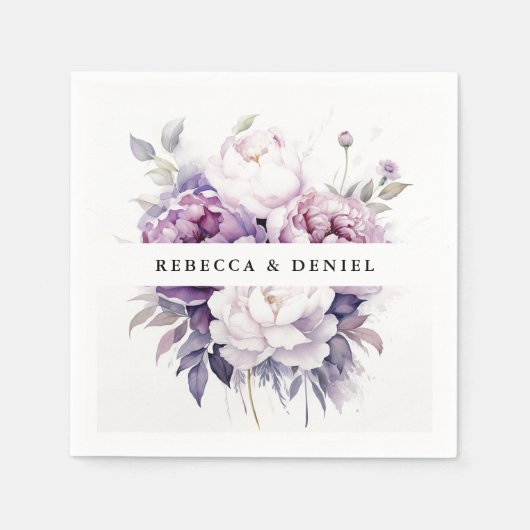 Elegant Paarse Rozen Waterverf Bloemenbruiloft Servet (Voorkant)