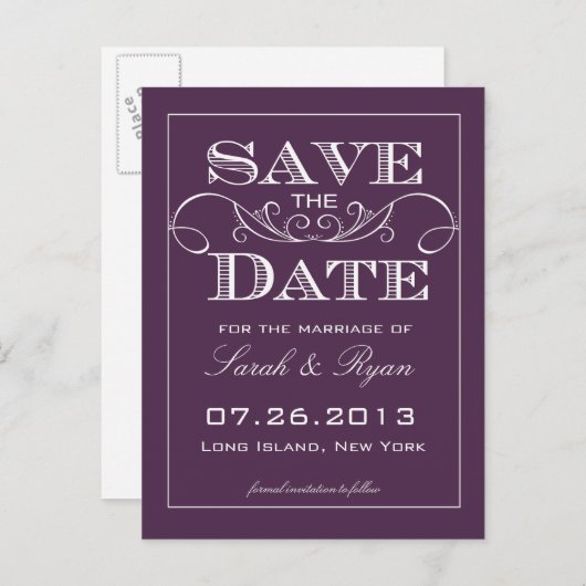 Elegant Paarse Save the Date aankondiging (Voorkant / Achterkant)
