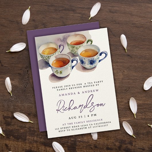 Elegant Paarse Script Tea Party Reünie Waterverf Kaart