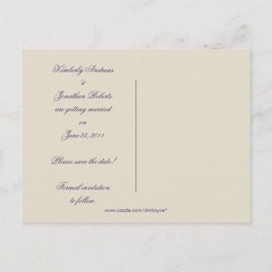 Elegant Paarse Scroll Lijst Bewaar de datum Aankondigingskaart (Achterkant)