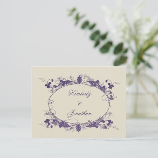 Elegant Paarse Scroll Lijst Bewaar de datum Aankondigingskaart (Staand voorkant)