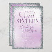 Elegant Paarse Silver Glitter Script Sweet Sixteen Kaart (Voorkant / Achterkant)