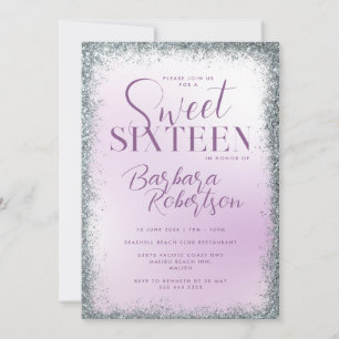 Elegant Paarse Silver Glitter Script Sweet Sixteen Kaart
