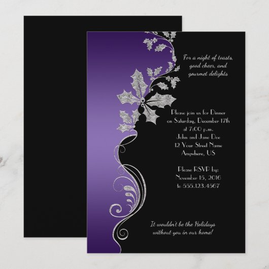 Elegant Paarse Silver Holly Kerstfeest Kaart (Voorkant / Achterkant)