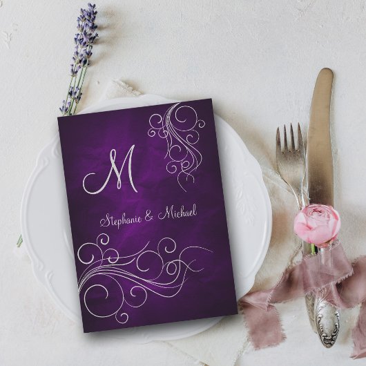 Elegant Paarse Silver Monogram Weddenschap Kaart