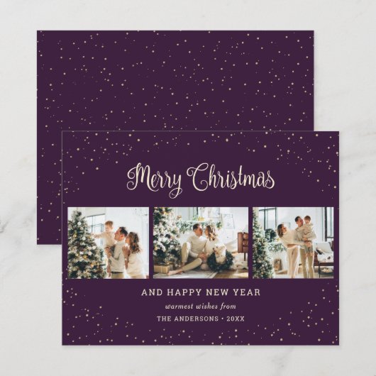 Elegant Paarse sneeuw 3 Fotografie kerstkaarten Feestdagenkaart (Voorkant / Achterkant)