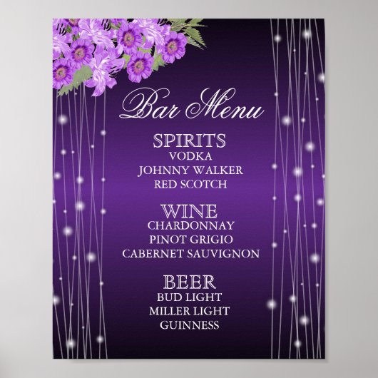 Elegant Paarse String Lights Floral - Menu Bar Poster (Voorkant)