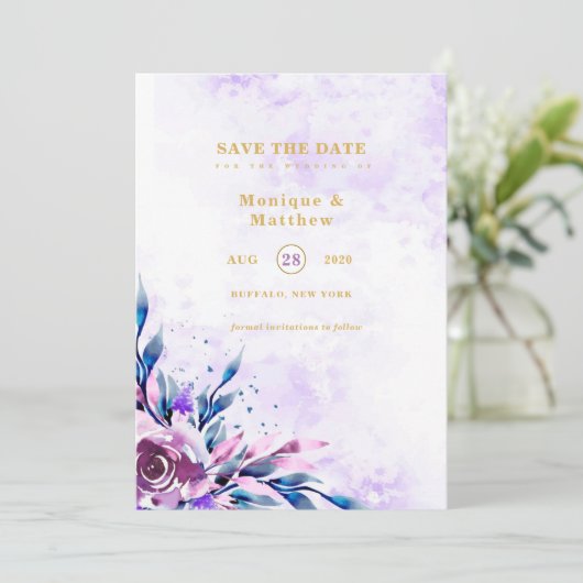 Elegant Paarse Summer Peony Save the Date Inviting Kaart (Staand voorkant)