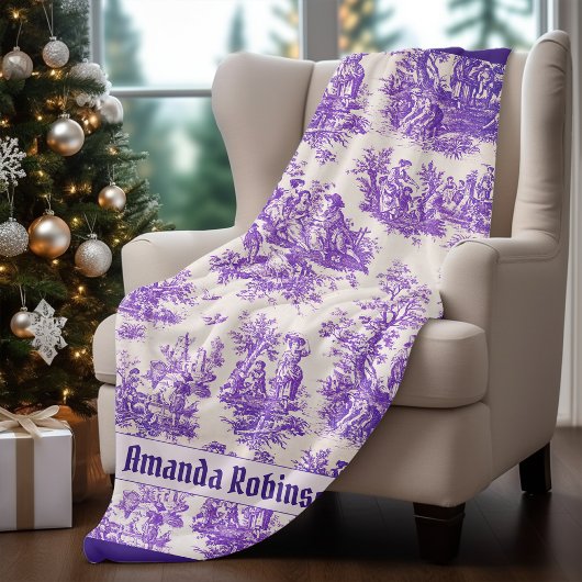 Elegant  paarse toile de jouy monogram fleece deken