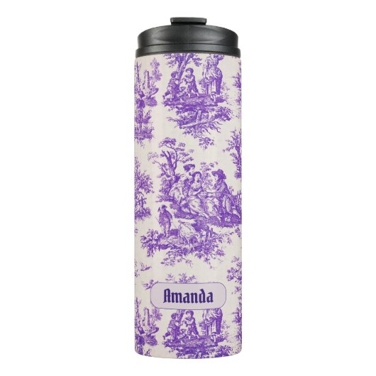 Elegant  paarse toile de jouy monogram thermosbeker (Voorkant)