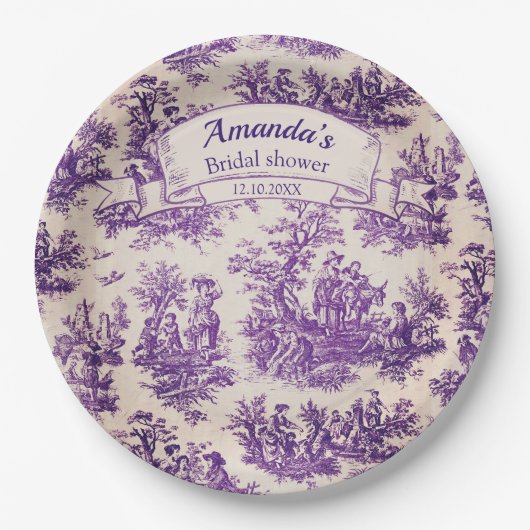 Elegant  paarse toile de jouy Vrijgezellenfeest Papieren Bordje (Voorkant)