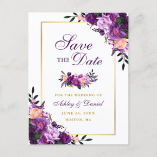 Elegant Paarse Violet Bloemengoud Save the Date Aankondigingskaart