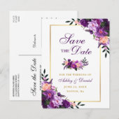 Elegant Paarse Violet Bloemengoud Save the Date Aankondigingskaart (Voorkant / Achterkant)