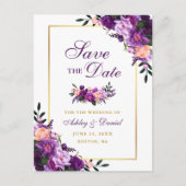 Elegant Paarse Violet Bloemengoud Save the Date Aankondigingskaart (Voorkant)