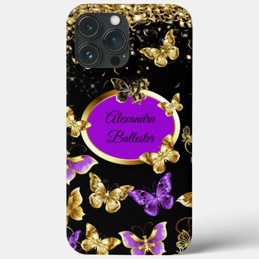 Elegant Paarse Vlinder Goud Confetti Zwart Case-Mate iPhone Case (Achterkant)