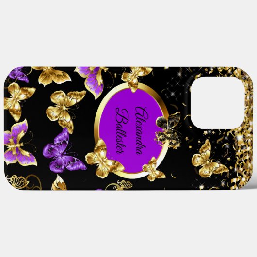 Elegant Paarse Vlinder Goud Confetti Zwart Case-Mate iPhone Case (Achterkant (horizontaal))