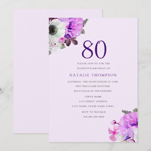 Elegant Paarse Vloer 80e verjaardag Uitnodiging (Voorkant / Achterkant)