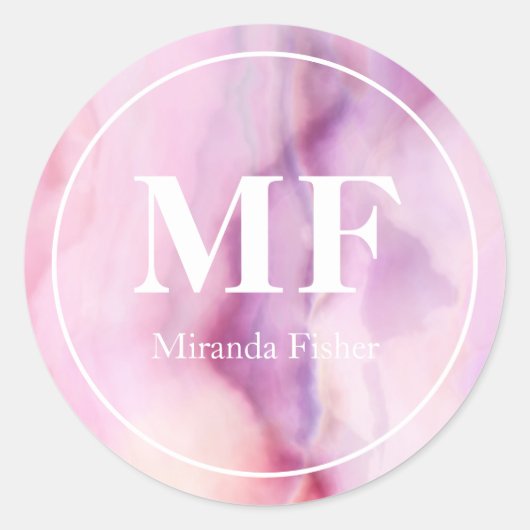 Elegant Paarse Waterverf Agate Pattern - Monogram Ronde Sticker (Voorkant)