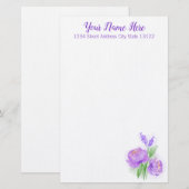 Elegant Paarse Waterverf Bloem Briefpapier (Voorkant / Achterkant)