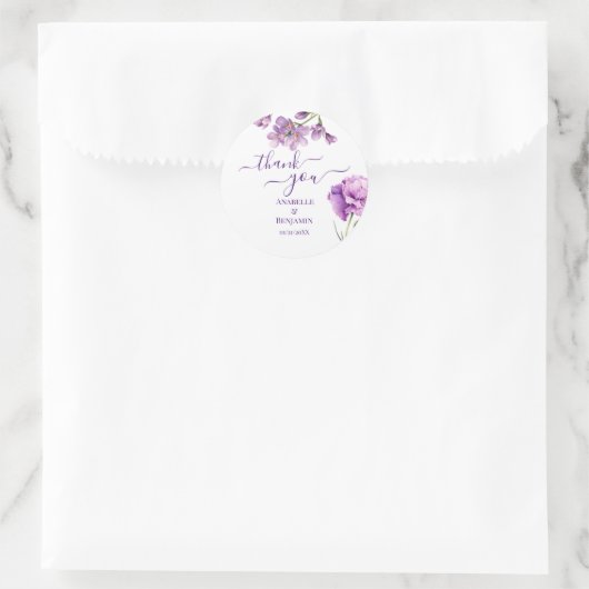 Elegant Paarse Waterverf Bloem Bruiloft Ronde Sticker (Tas)
