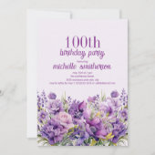Elegant Paarse Waterverf Floral 100e verjaardag Kaart (Voorkant)
