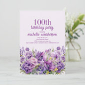 Elegant Paarse Waterverf Floral 100e verjaardag Kaart (Staand voorkant)