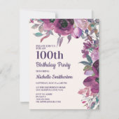 Elegant Paarse Waterverf Floral 100e verjaardag Kaart (Voorkant)